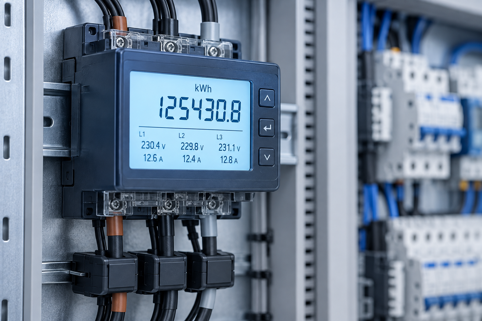 Industrial digital electricity meter displaying kWh data for blower energy-saving calculations