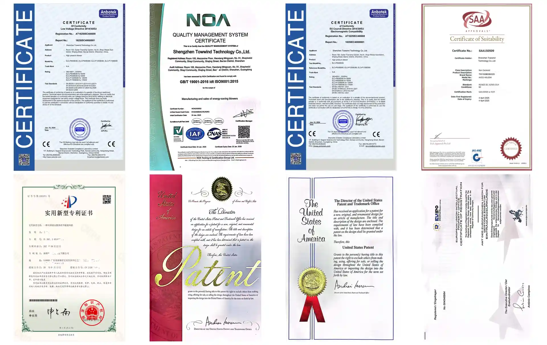 Towwind product certificates, quality-management certification and patent documents